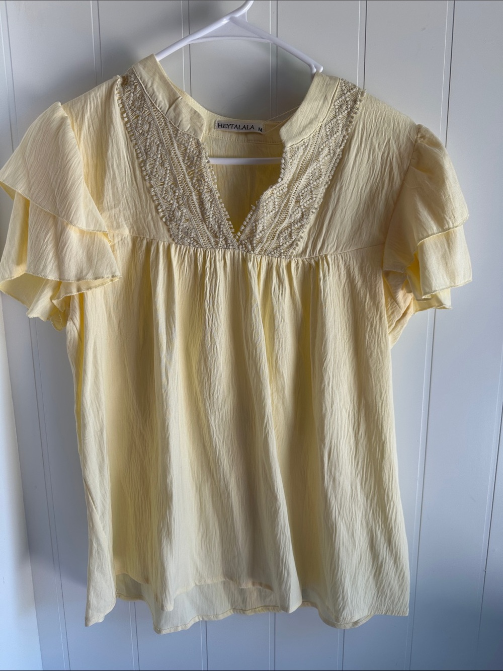 Pale Yellow Embroidered V-Neck Flutter Sleeve Blouse
